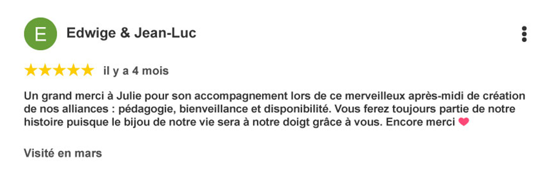 Avis client d'un couple ayant réalisé leurs alliances durant l'atelier créer ses alliances Hauts-de-france.